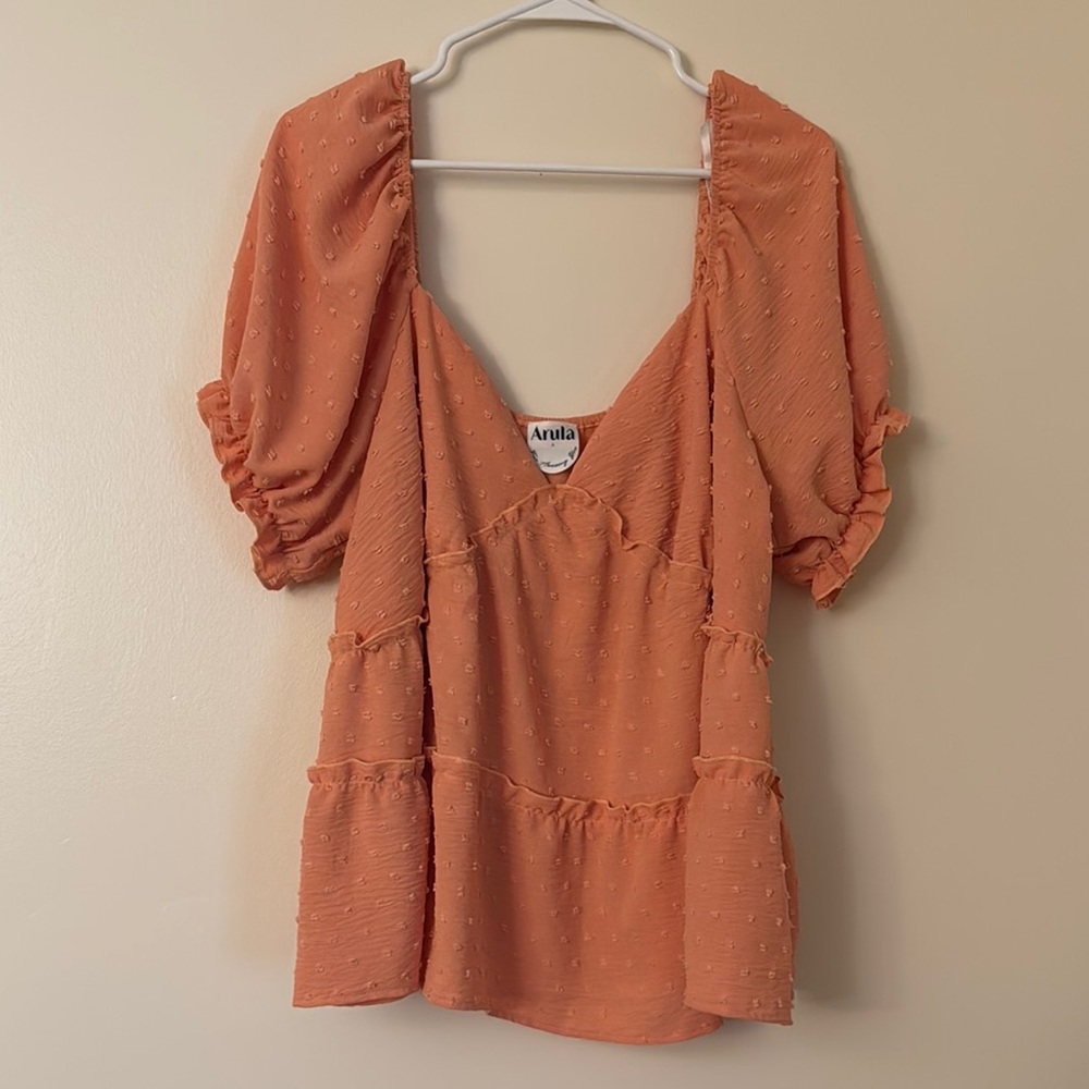 ARULA Coral Swiss Dot Ruffle Top